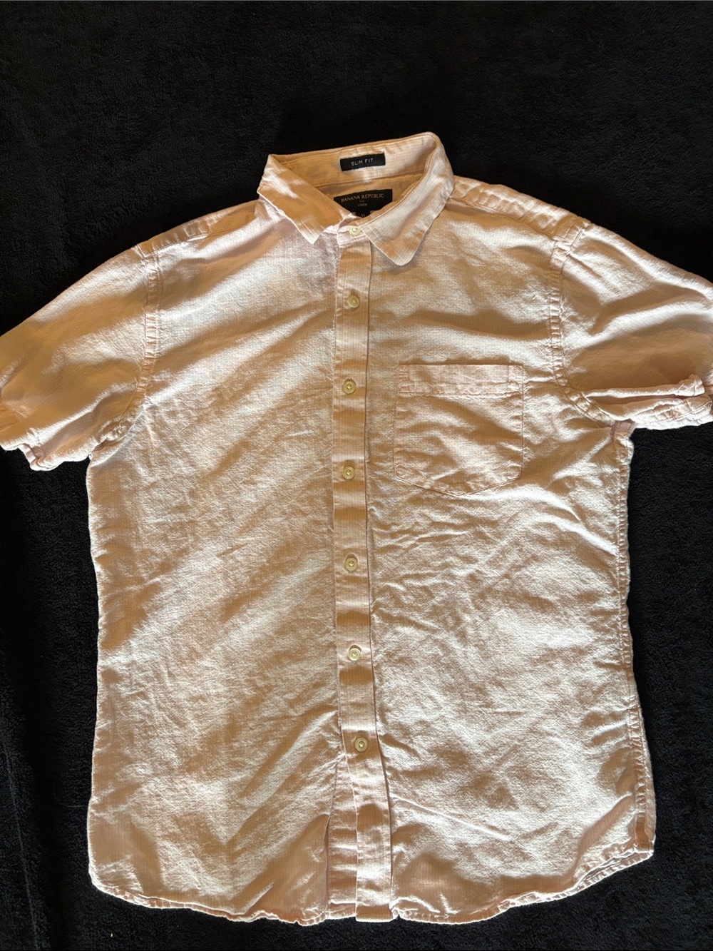 Linen Pale Pink Short-Sleeve Button-Up Shirt With Subtle Striped Pattern